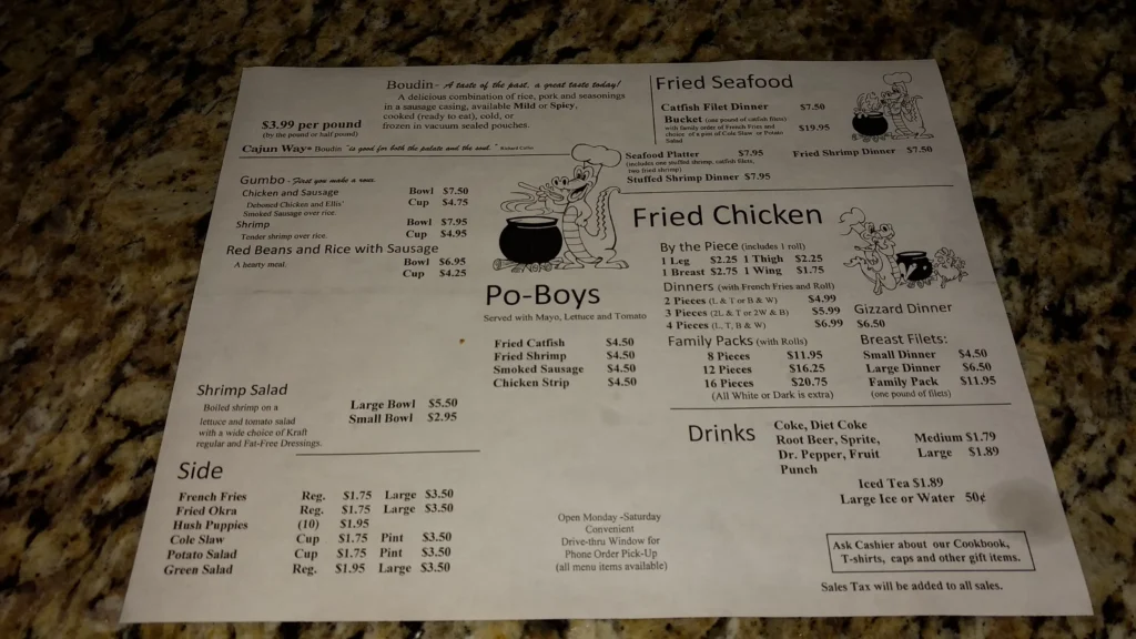 Boudin King Restaurant menu